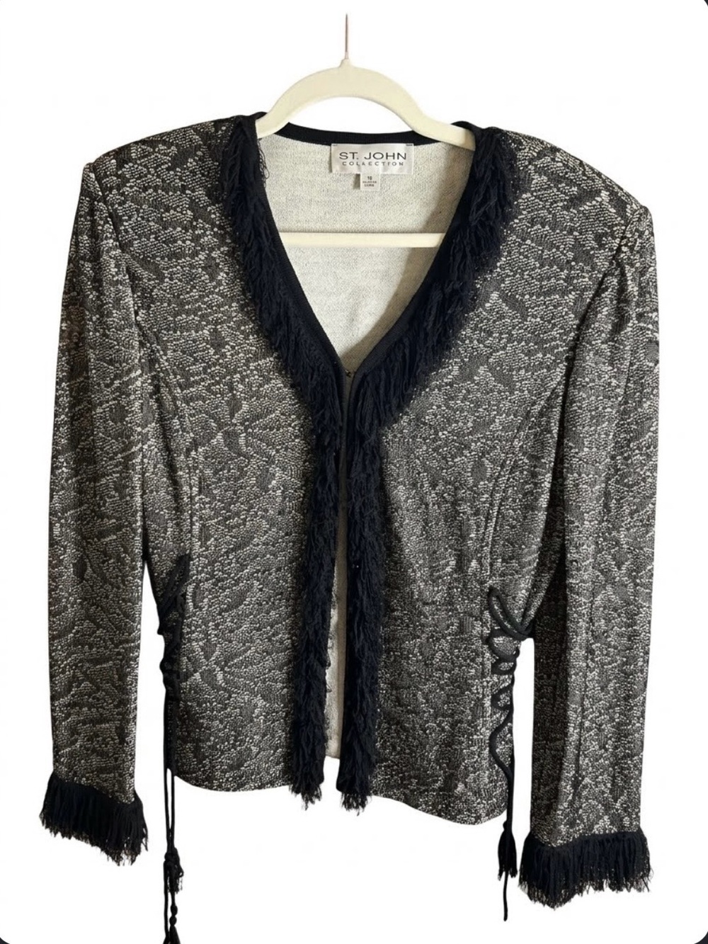 ST. JOHN COLLECTION  Knit Cardigan corset Eyelash Fringe Made In The USA